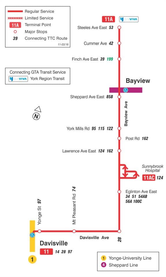 ਦਾ ਨਕਸ਼ਾ ਜਿਸਨੂੰ ttc 11 Bayview ਬੱਸ ਰਸਤਾ ਟੋਰੰਟੋ