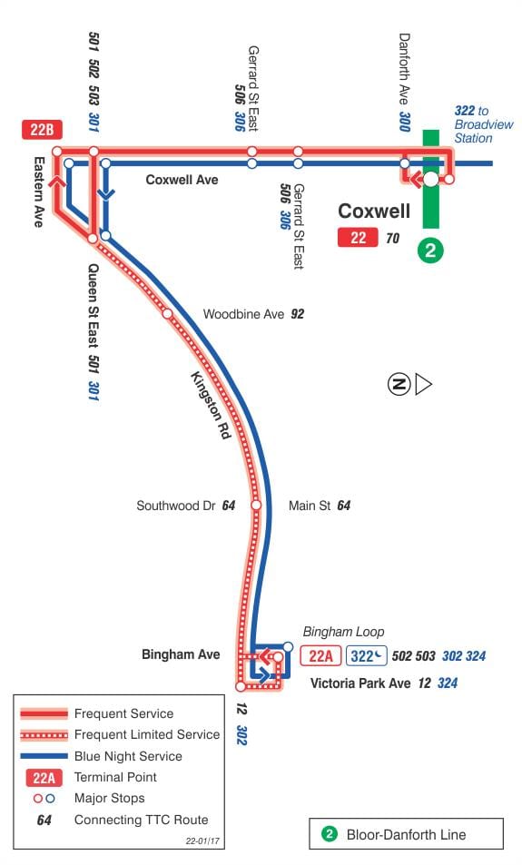 ਦਾ ਨਕਸ਼ਾ ਜਿਸਨੂੰ ttc 22 Coxwell ਬੱਸ ਰਸਤਾ ਟੋਰੰਟੋ