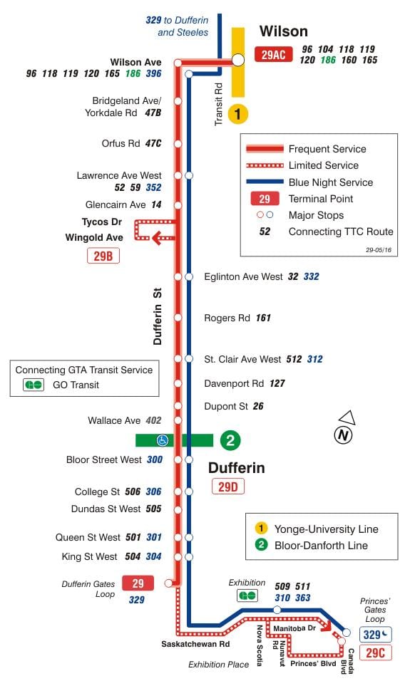 ਦਾ ਨਕਸ਼ਾ ਜਿਸਨੂੰ ttc 29 Dufferin ਬੱਸ ਰਸਤਾ ਟੋਰੰਟੋ
