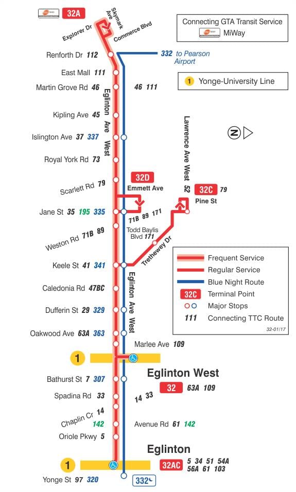 ਦਾ ਨਕਸ਼ਾ ਜਿਸਨੂੰ ttc 32 Eglinton ਪੱਛਮੀ ਬੱਸ ਰਸਤਾ ਟੋਰੰਟੋ