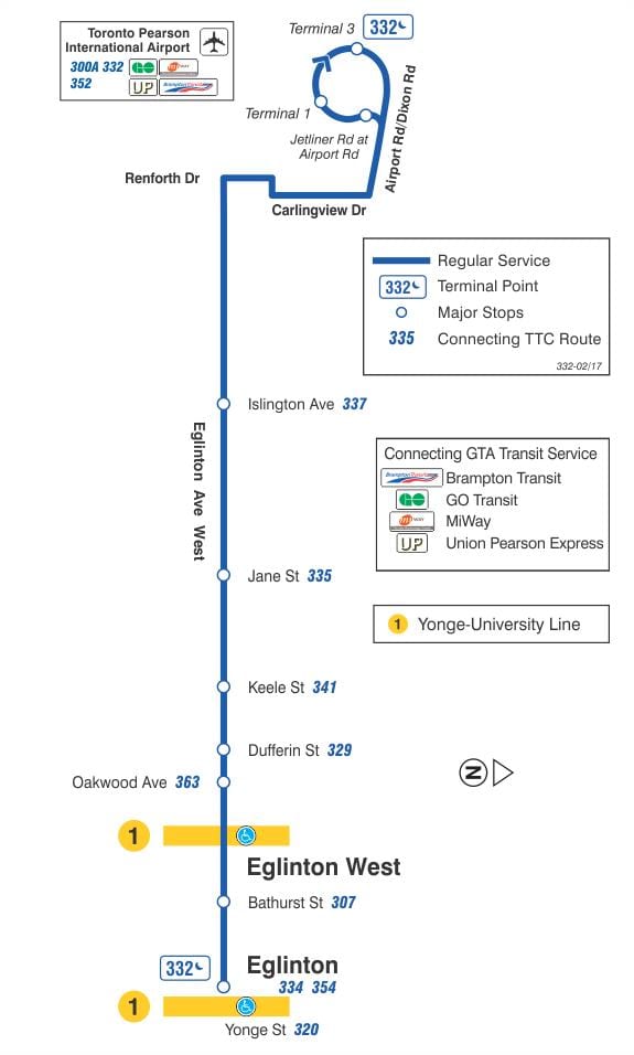 ਦਾ ਨਕਸ਼ਾ ਜਿਸਨੂੰ ttc 332 Eglinton ਪੱਛਮੀ ਬੱਸ ਰਸਤਾ ਟੋਰੰਟੋ