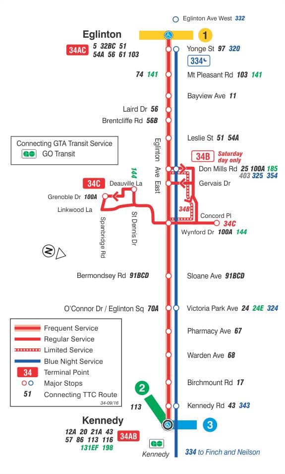 ਦਾ ਨਕਸ਼ਾ ਜਿਸਨੂੰ ttc 34 Eglinton ਈਸਟ ਬੱਸ ਰਸਤਾ ਟੋਰੰਟੋ