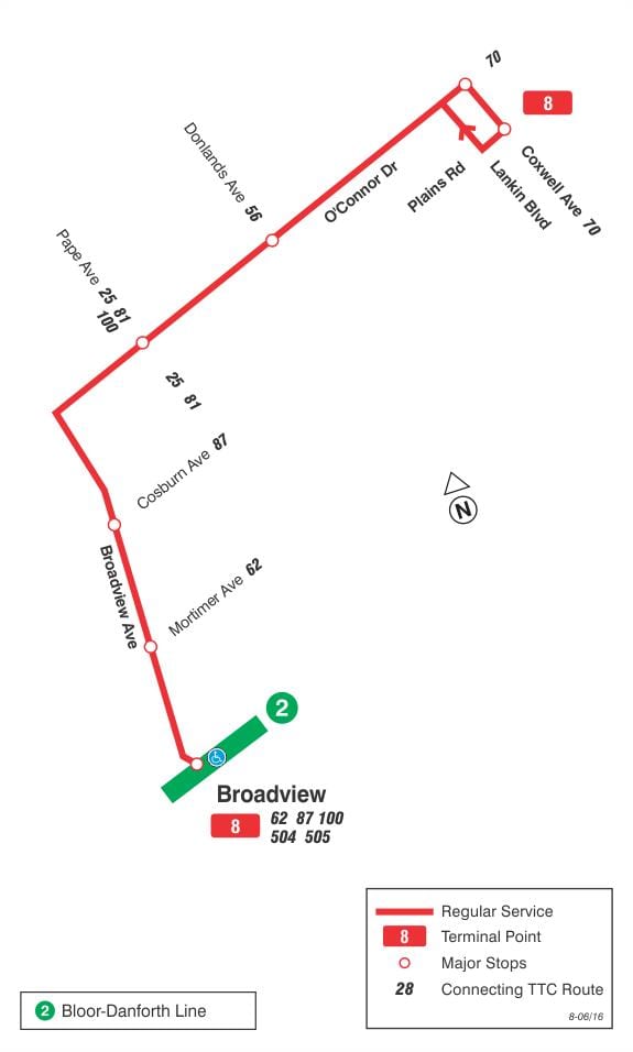 ਦਾ ਨਕਸ਼ਾ ਜਿਸਨੂੰ ttc 8 Broadview ਬੱਸ ਰਸਤਾ ਟੋਰੰਟੋ