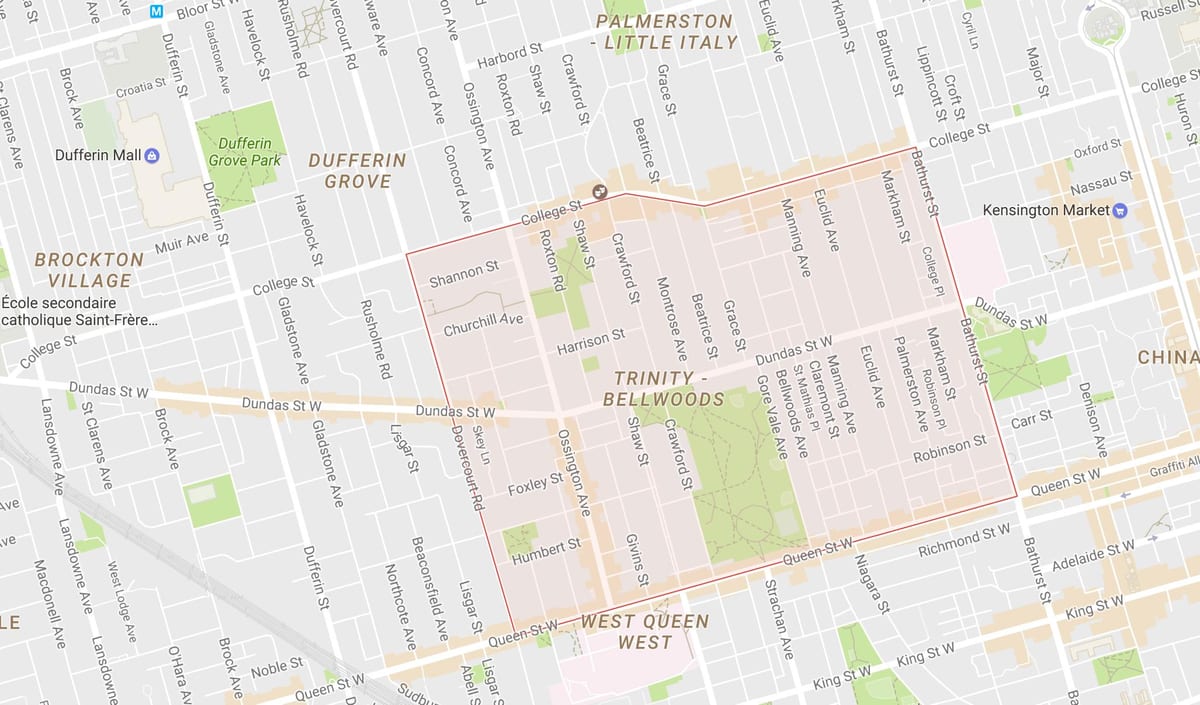 ਨਕਸ਼ਾ ਦੇ ਤ੍ਰਿਏਕ–Bellwoods ਇਲਾਕੇ ਟੋਰੰਟੋ