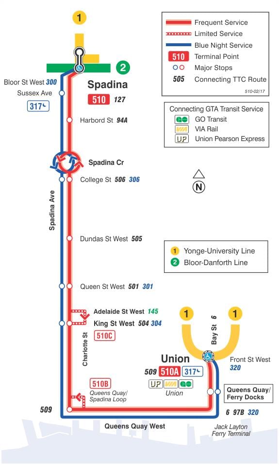 ਨਕਸ਼ਾ ਦੇ ਸਟ੍ਰੀਟਕਾਰ ਲਾਈਨ 510 Spadina