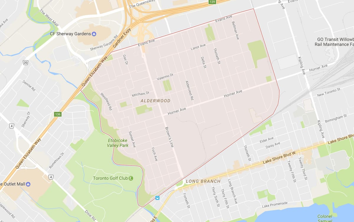 ਨਕਸ਼ਾ ਦੇ Alderwood Parkview ਇਲਾਕੇ ਟੋਰੰਟੋ