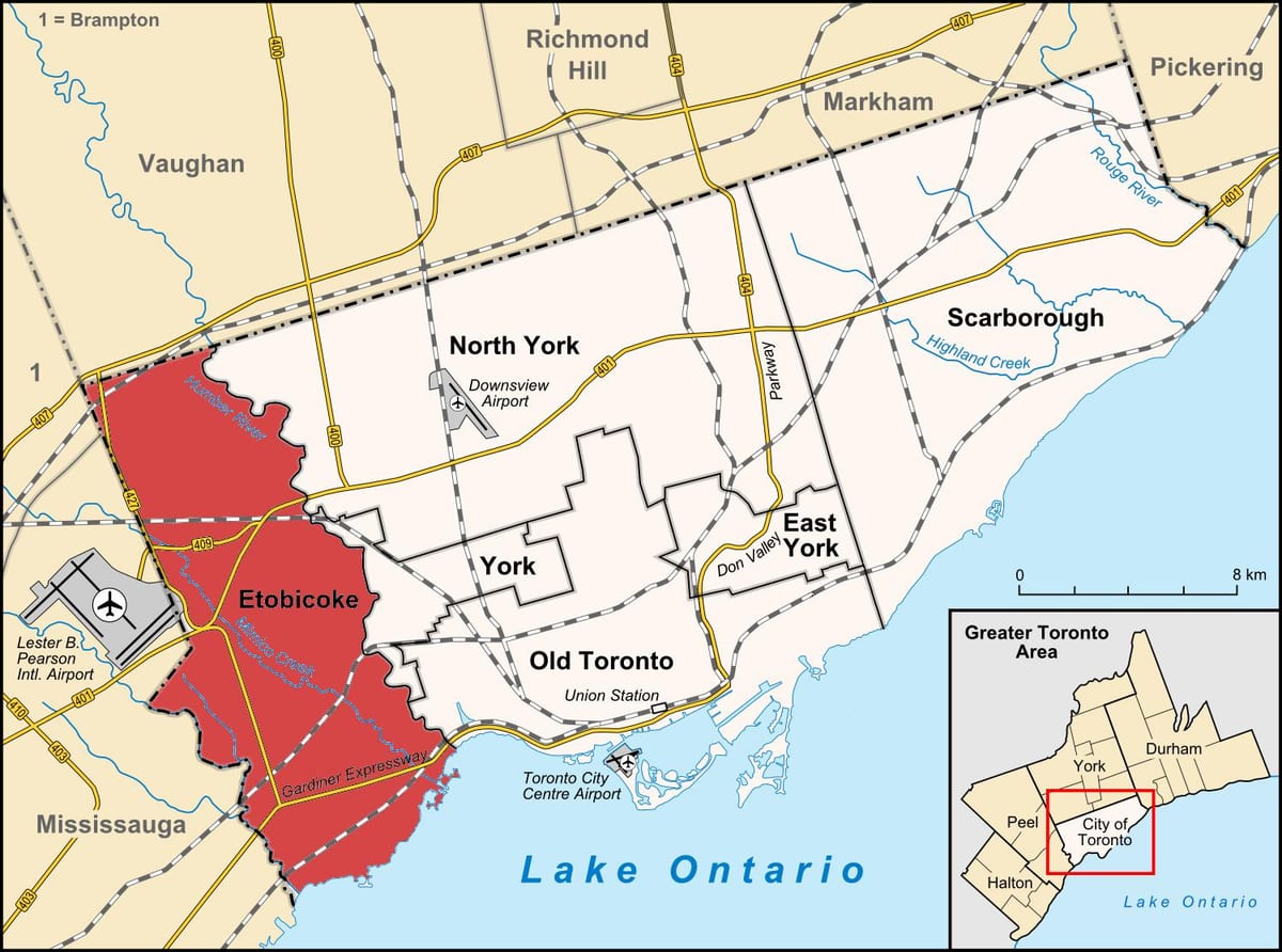 ਨਕਸ਼ਾ ਦੇ Etobicoke ਜ਼ਿਲ੍ਹਾ ਟੋਰੰਟੋ
