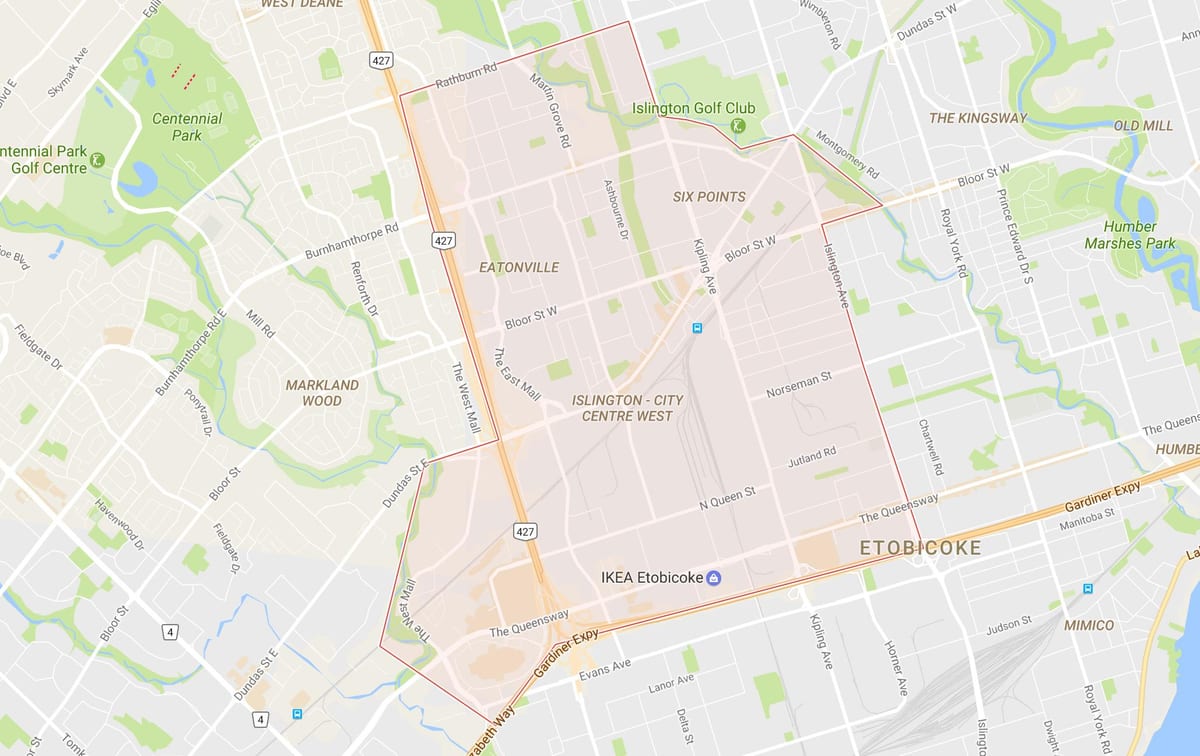 ਨਕਸ਼ਾ ਦੇ Islington-ਸਿਟੀ ਸੈਂਟਰ ਵੈਸਟ ਇਲਾਕੇ ਟੋਰੰਟੋ