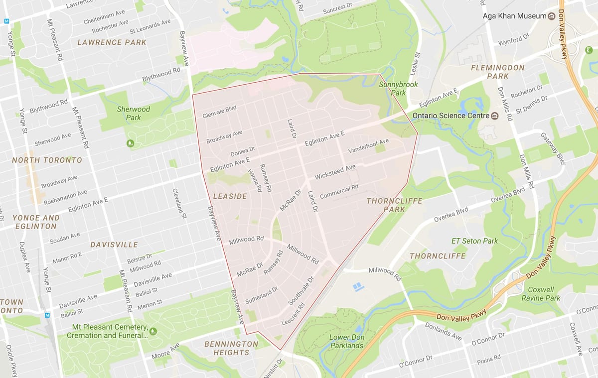 ਨਕਸ਼ਾ ਦੇ Leaside ਇਲਾਕੇ ਟੋਰੰਟੋ