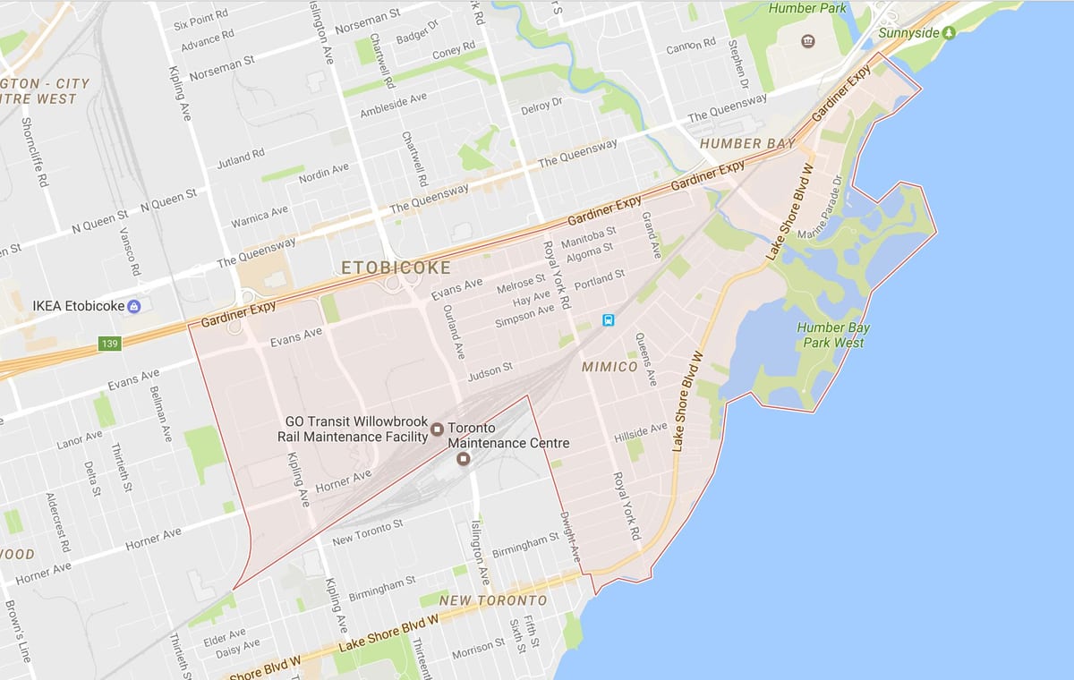 ਨਕਸ਼ਾ ਦੇ Mimico ਇਲਾਕੇ ਟੋਰੰਟੋ