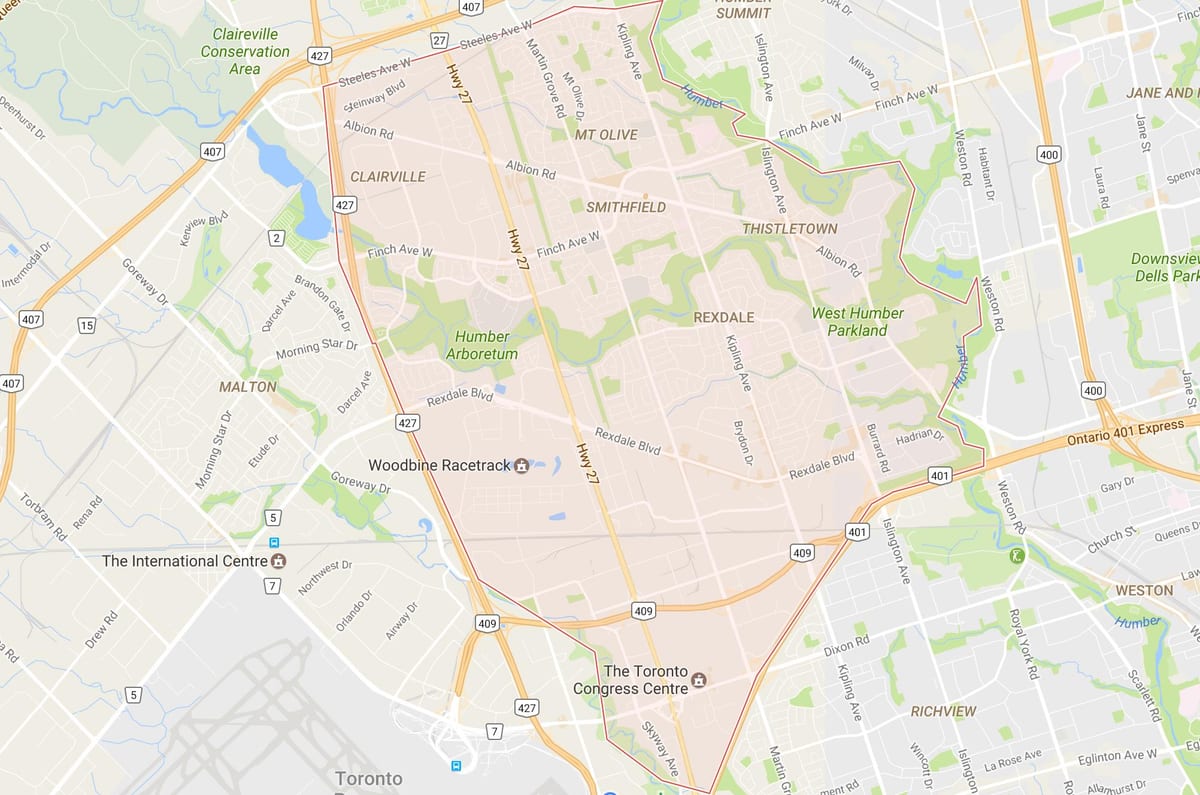 ਨਕਸ਼ਾ ਦੇ Rexdale ਇਲਾਕੇ ਟੋਰੰਟੋ