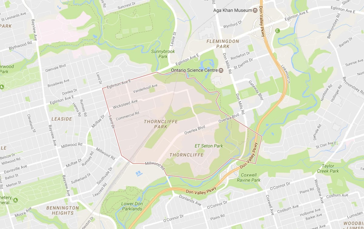 ਨਕਸ਼ਾ ਦੇ Thorncliffe ਪਾਰਕ ਇਲਾਕੇ ਟੋਰੰਟੋ