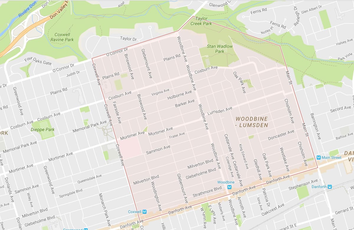 ਨਕਸ਼ਾ ਦੇ Woodbine Heights ਇਲਾਕੇ ਟੋਰੰਟੋ