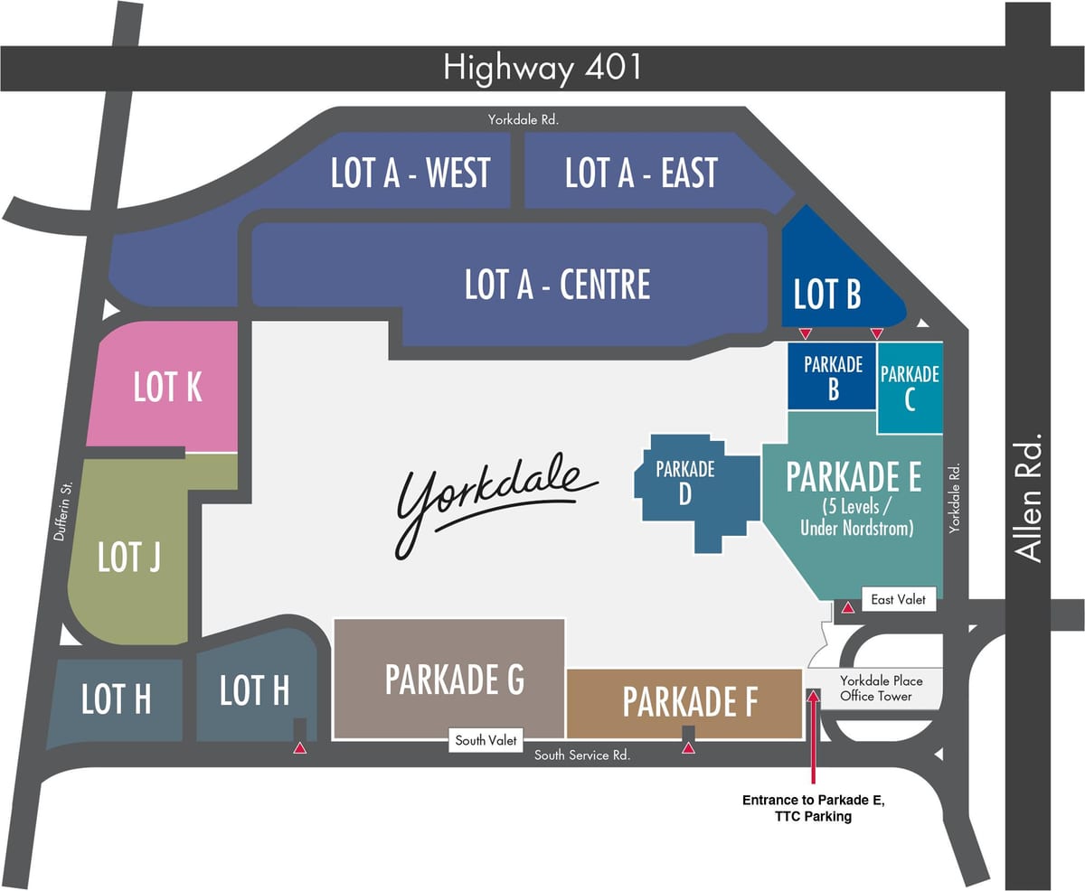 ਨਕਸ਼ਾ ਦੇ Yorkdale ਸ਼ਾਪਿੰਗ ਸੈਂਟਰ ਦੀ ਪਾਰਕਿੰਗ