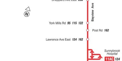 ਦਾ ਨਕਸ਼ਾ ਜਿਸਨੂੰ ttc 11 Bayview ਬੱਸ ਰਸਤਾ ਟੋਰੰਟੋ