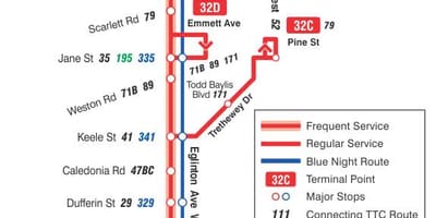 ਦਾ ਨਕਸ਼ਾ ਜਿਸਨੂੰ ttc 32 Eglinton ਪੱਛਮੀ ਬੱਸ ਰਸਤਾ ਟੋਰੰਟੋ